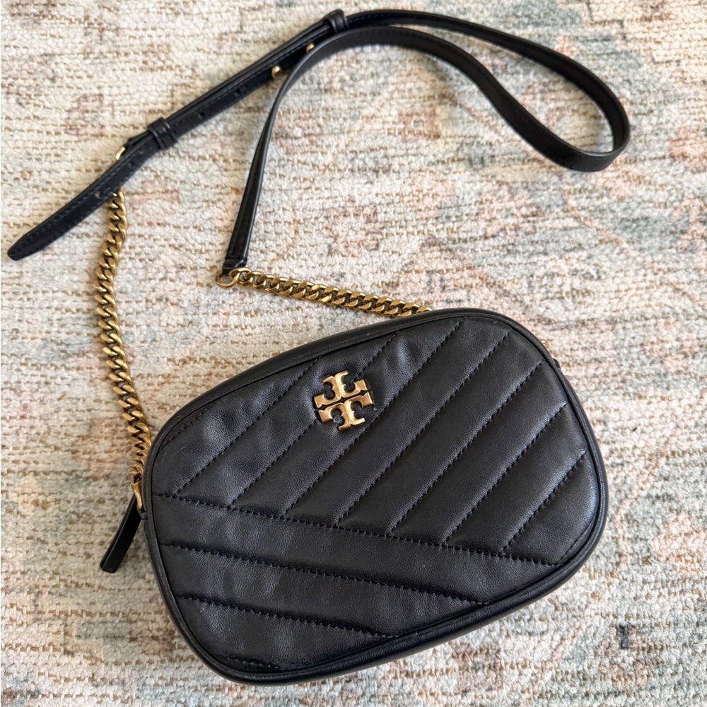 Tory Burch Kira Black Chevron Quilted Leather Crossbody Gold Chain Strap